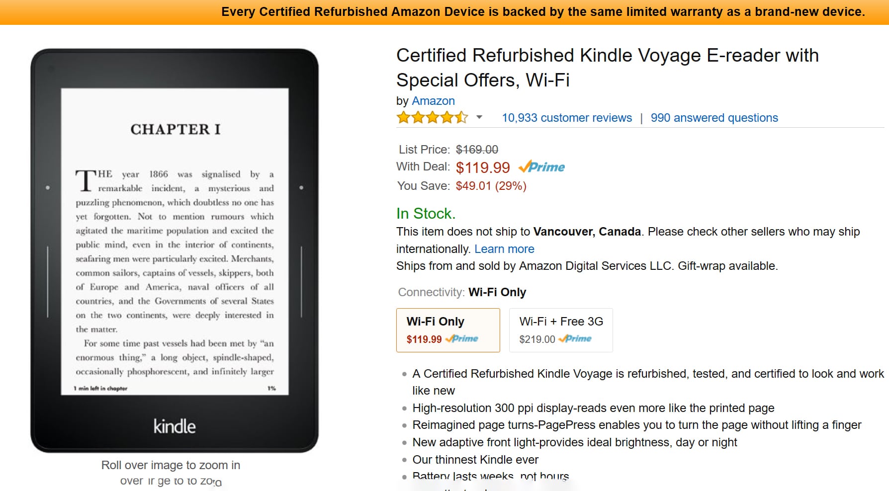 Wi-Fi Certified Refurbished Kindle Voyage E-reader with Special Offers 
